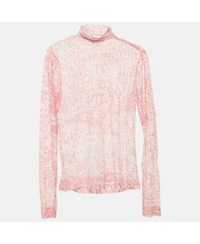 Pre-Owned Givenchy Women's Pink/white Mesh Velvet 4G Turtleneck Top