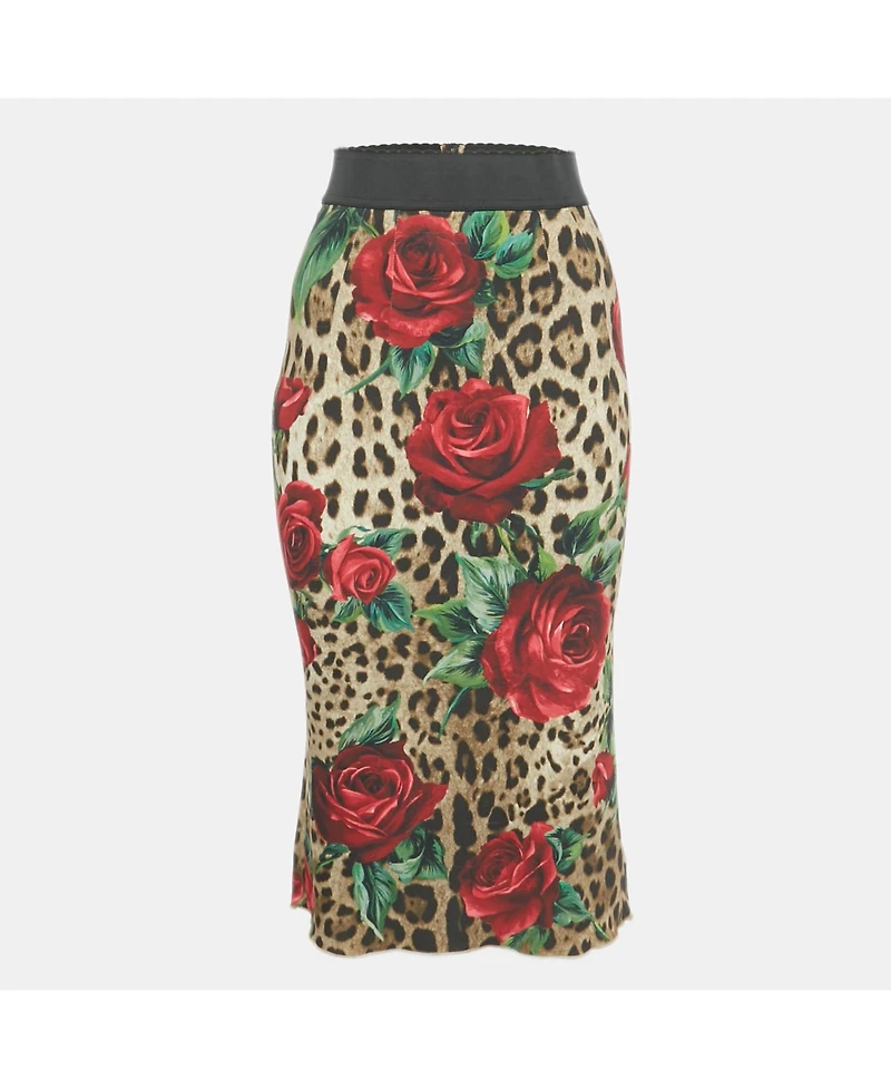 Pre-Owned Dolce & Gabbana Women's Brown Animal & Floral Print Crepe Midi Skirt