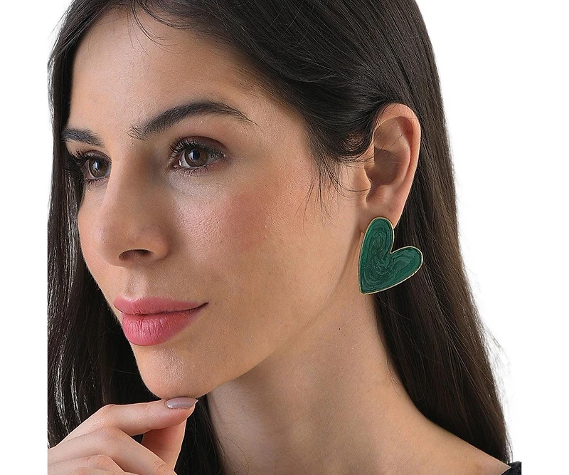 Sohi Women's Green Enamel Heart Stud Earrings