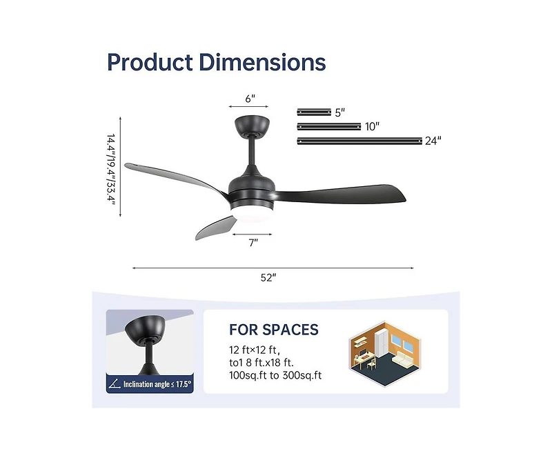 52-inch Modern Black Ceiling Fan with Led Light and Remote Control Dc Motor
