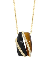 Effy Collection Diamond (1/6 ct. t.w.), Tigers Eye (2 ct. t.w.) & Onyx Pendant Necklace in 14k Yellow Gold