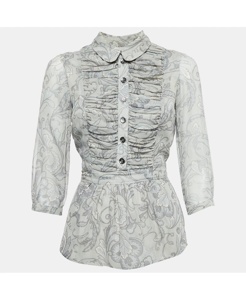 Pre-Owned Burberry Women's London Printed Crepe Tie-Up Pleated Top