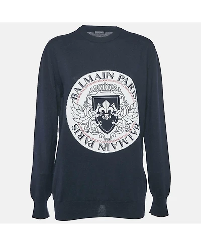 Pre-Owned Balmain Women's Navy Blue Intarsia Knit Crew Neck Sweater