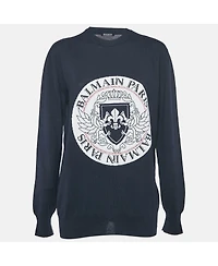 Pre-Owned Balmain Women's Navy Blue Intarsia Knit Crew Neck Sweater