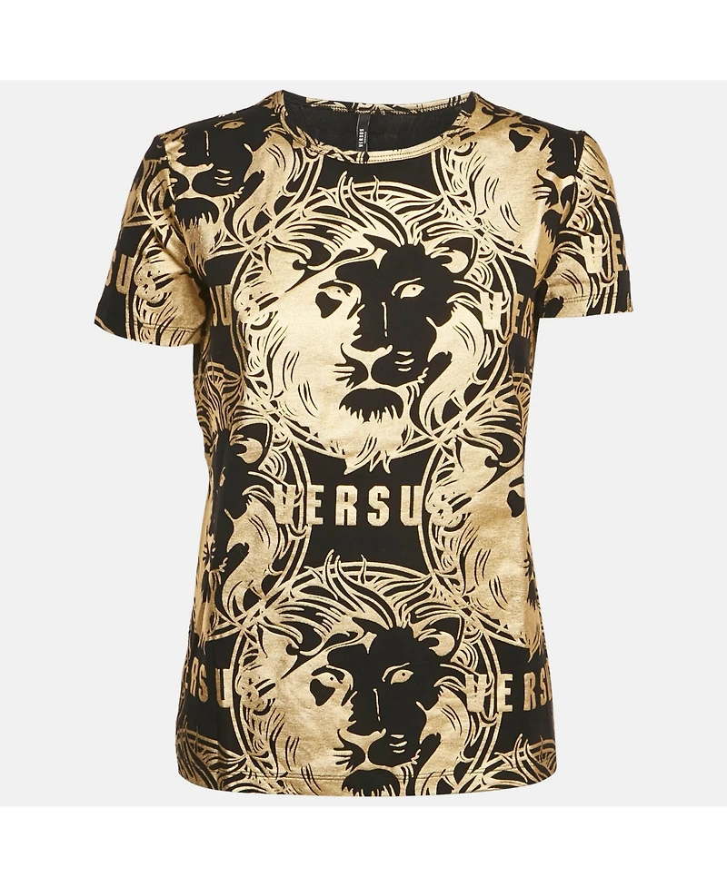 Pre-Owned Versace Women's Pre-Owned Versus Versace Black Metallic Print Cotton Crew Neck T-Shirt