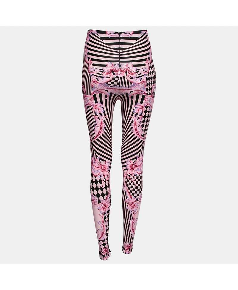 Pre-Owned Versace Women's Pink Stretch Knit Striped & Baroque Print Leggings