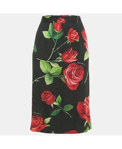 Pre-Owned Dolce & Gabbana Women's Black Rose Printed Silk Pencil Skirt