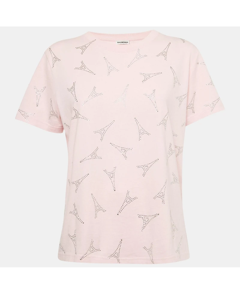 Pre-Owned Balenciaga Women's Pink Eiffel Tower Crystal Jersey T-Shirt