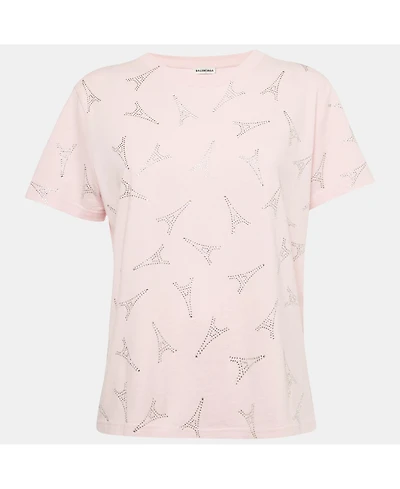 Pre-Owned Balenciaga Women's Pink Eiffel Tower Crystal Jersey T-Shirt