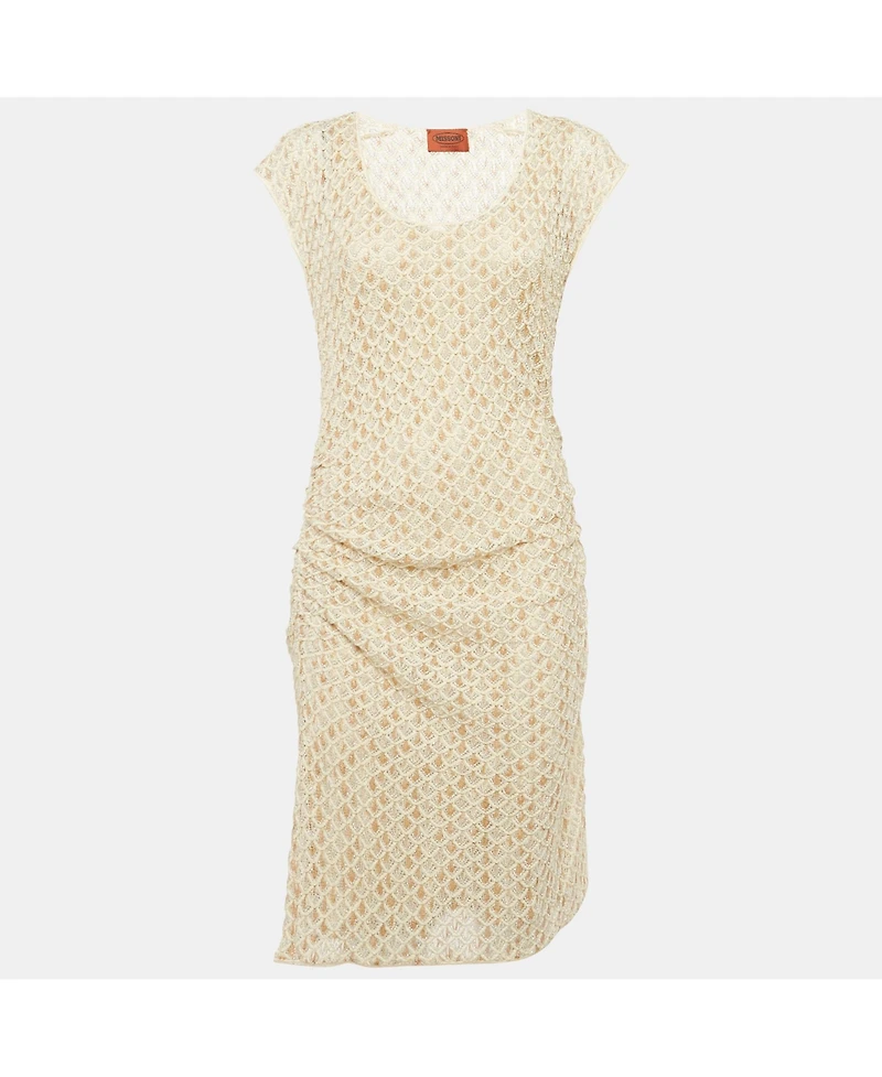 Pre-Owned Missoni Women's Beige Patterned Lurex Knit Ruche Midi Dress