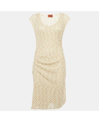 Pre-Owned Missoni Women's Beige Patterned Lurex Knit Ruche Midi Dress