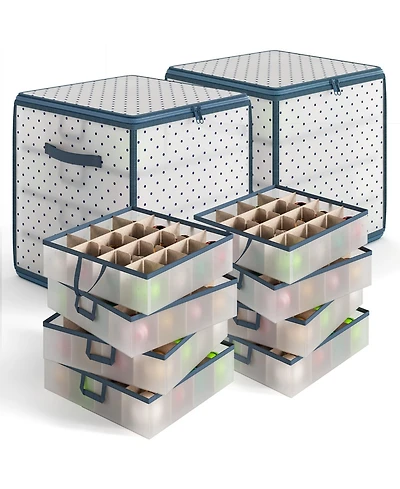 Christmas Ornament Storage Box With 4 Inner Tray Dividers - Plastic Ornament Storage Container For 64 Holiday Ornaments or Decorations - 2 Pack