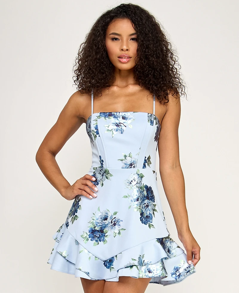 City Studios Juniors' Spaghetti Straps Tie Back Ruffle Hem Short Dress