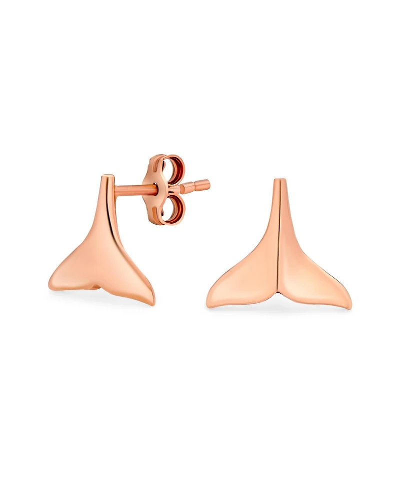 Bling Jewelry Set of 2 Ocean-Inspired Rose Gold Mermaid Fin Whale Tail & Silver Shark Tooth Stud Earrings Sterling Silver