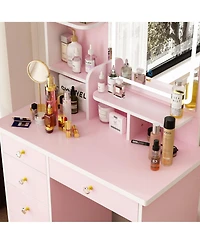 Homsee 5-Drawers Pink Makeup Vanity Sets Dressing Table with Stool, Mirror, Led Light and 3-Tier Storage Shelves