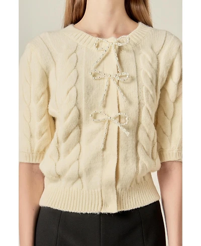 English Factory Women's Cable Puff Sleeve Knit With Pearl Bow