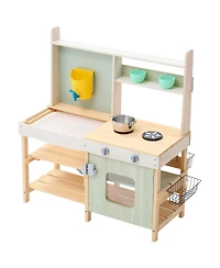 Mecale Mud Kitchen for Kids, Wooden Outdoor Playset, Pretend Kitchen with Stoves, Tank, Faucet, Storage Bag, Metal Baskets & Cookware