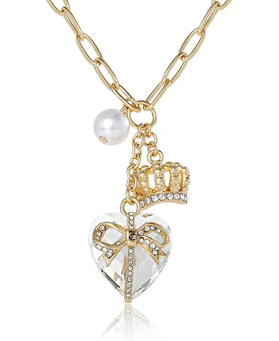 Juicy Couture Charm Cluster Necklace, Gold Tone with Heart & Pearl Accents