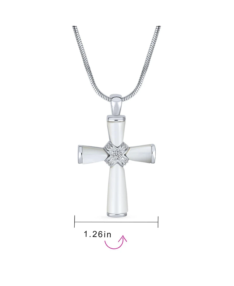 Bling Jewelry Religious Mother Of Pearl Mop Cross Pendant Necklace Rhodium Plated Brass Snake Chain Included