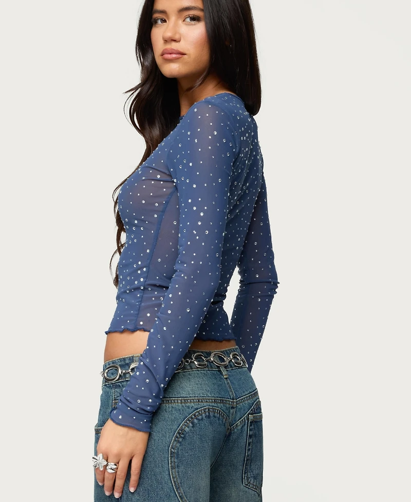 Edikted Women's Anari Rhinestone Mesh Top
