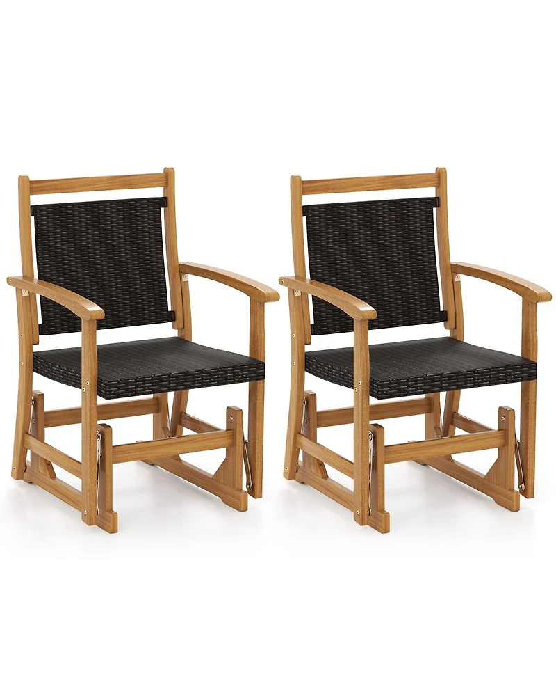 Gymax 2PCS Patio Rattan Glider Chair with Acacia Wood Frame and Wicker Seat Back Armrests