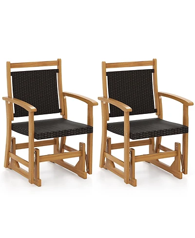 Gymax 2PCS Patio Rattan Glider Chair with Acacia Wood Frame and Wicker Seat Back Armrests