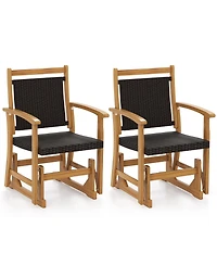 Gymax 2PCS Patio Rattan Glider Chair with Acacia Wood Frame and Wicker Seat Back Armrests