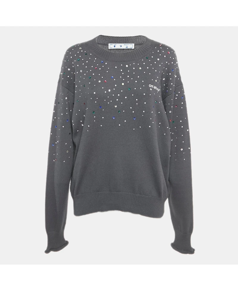 Pre-Owned Off-White Women's Grey Rib Knit Rhinestone Sweater