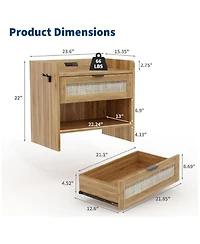 gaomon Rattan Nightstand Set of 2, Bedside Table with Type-c Charging Station - 1 Drawer & Open Storage Space, Boho End Side Table.