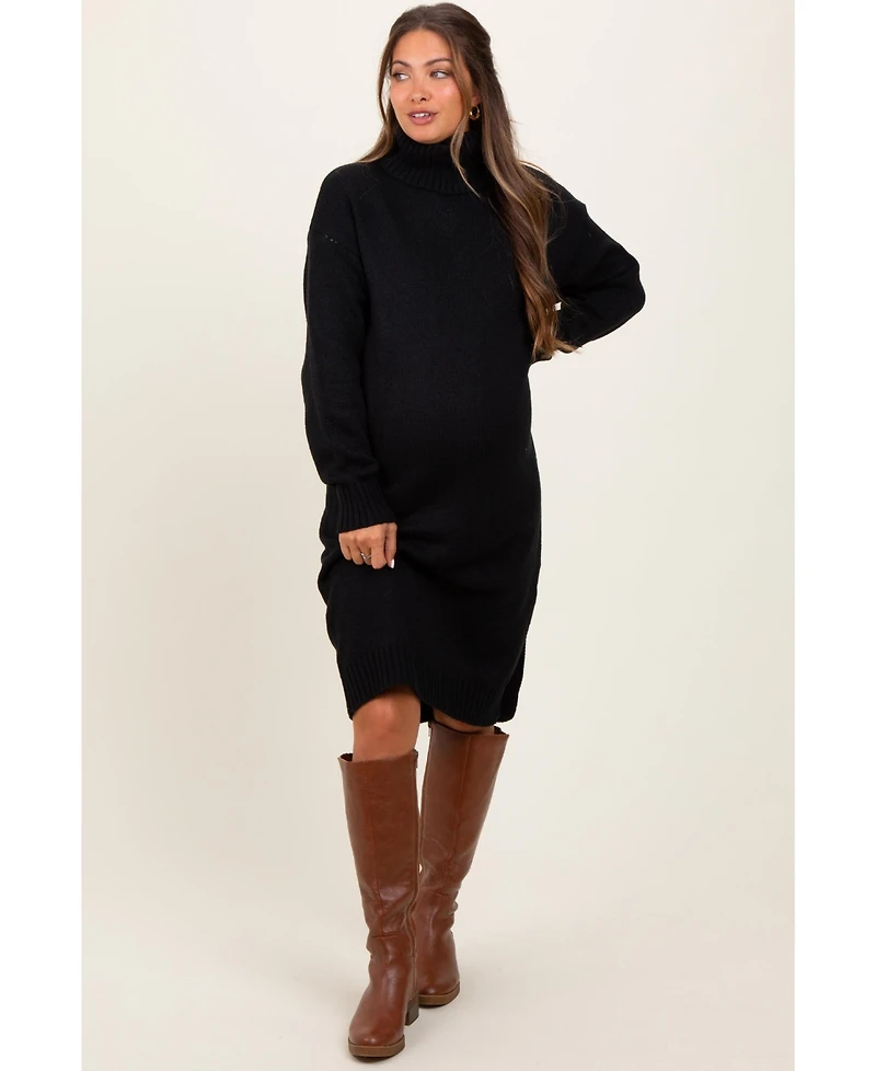 Pinkblush Maternity Camel Turtleneck Side Slit Midi Sweater Dress