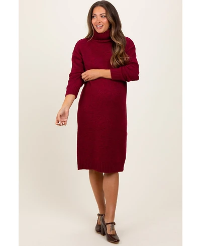 Pinkblush Maternity Camel Turtleneck Side Slit Midi Sweater Dress