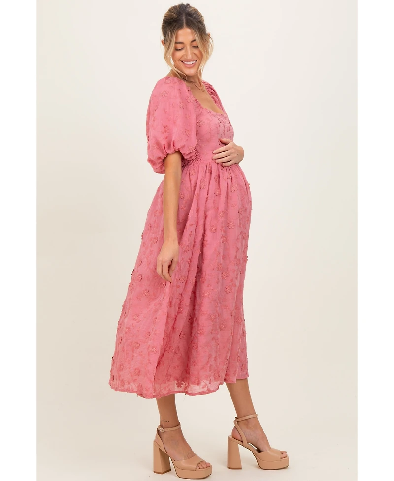 Pinkblush Maternity Mauve Embroidered Floral Puff Sleeve Midi Dress