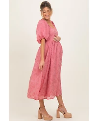 Pinkblush Maternity Mauve Embroidered Floral Puff Sleeve Midi Dress