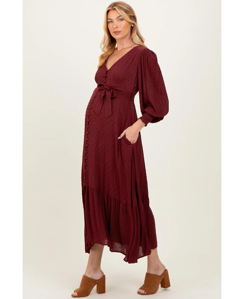 Pinkblush Maternity Burgundy Swiss Dot Button Down Maxi Dress