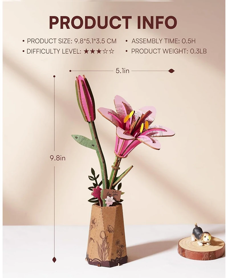 Robotime 3D Puzzles Pink Lily Diy Model Building Kits Artifical Flower Toys for Thanksgiving Mother's Day, Multicolored, 9.65"6.5"1.65"