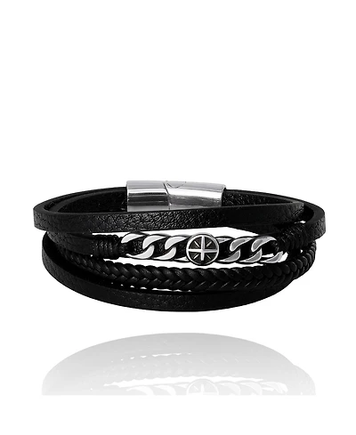 Lucky Brand Men s Multi Row Leather & Chain 8.25'' Bracelet with Compass Emblem