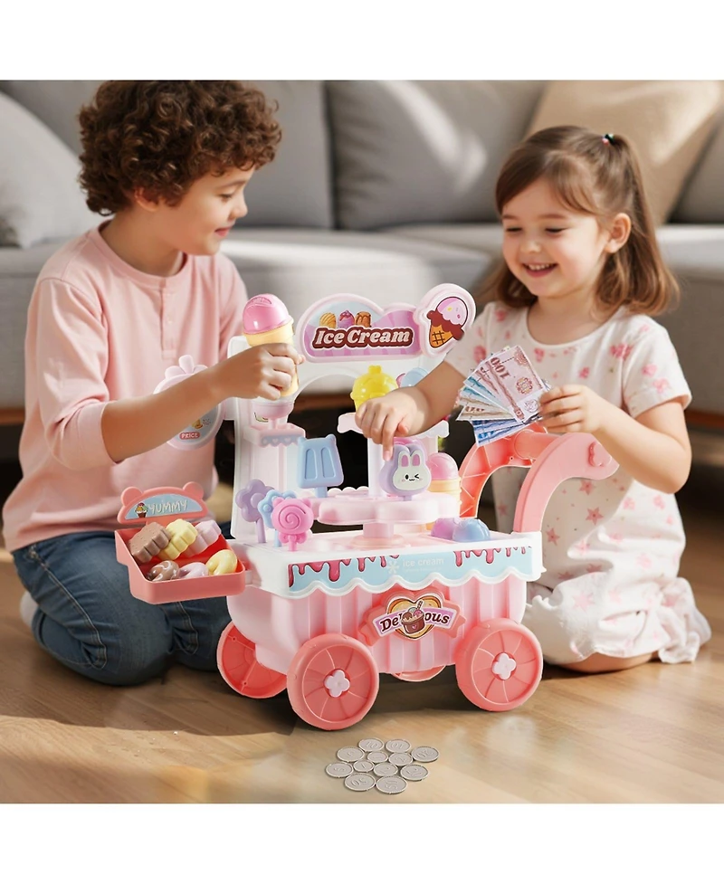 Mecale Ice Cream Cart for Kids, 27 Pcs Pretend Play Store with Storage Trolley, Sound & Light, Pretend Money, Educational Toy 3+ Pink