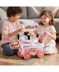Mecale Ice Cream Cart for Kids, 27 Pcs Pretend Play Store with Storage Trolley, Sound & Light, Pretend Money, Educational Toy 3+ Pink