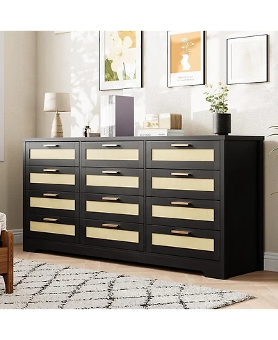 12-Drawer Rattan Bedroom Dresser, Modern Wood Storage Chest with Woven Panel Fronts for Nursery, Entryway, or Living Room, Natural