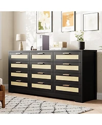 12-Drawer Rattan Bedroom Dresser, Modern Wood Storage Chest with Woven Panel Fronts for Nursery, Entryway, or Living Room, Natural