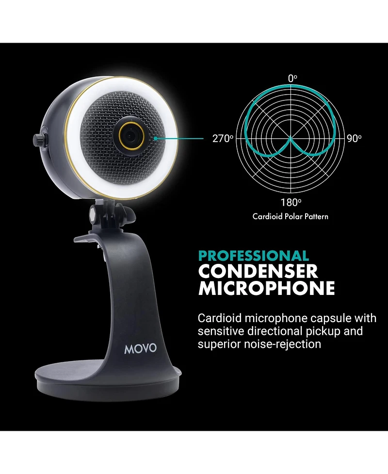 Movo WebMic Hd Pro All-in-One Webcam with Mic and Ring Light in Silver