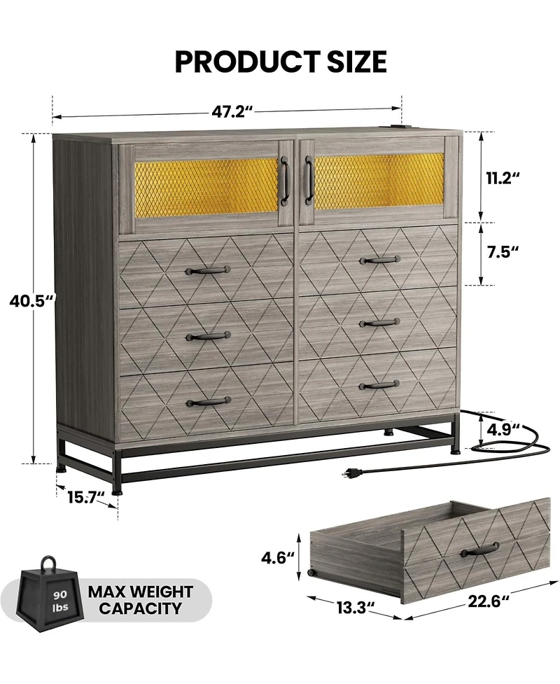 Gaomon 6-Drawer Wood Bedroom Dresser with Led Lights & Charging Station