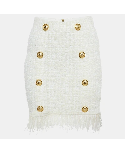 Pre-Owned Balmain Women's White Tweed Button Detail Pencil Skirt
