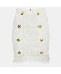 Pre-Owned Balmain Women's White Tweed Button Detail Pencil Skirt