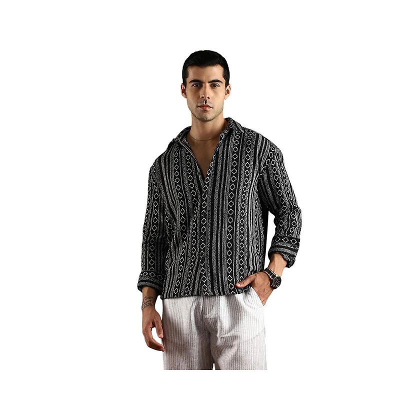 Campus Sutra Men's Onyx Black Folk-Weave Shirt