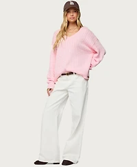 Edikted Women's Polly V Neck Cable Knit Sweater