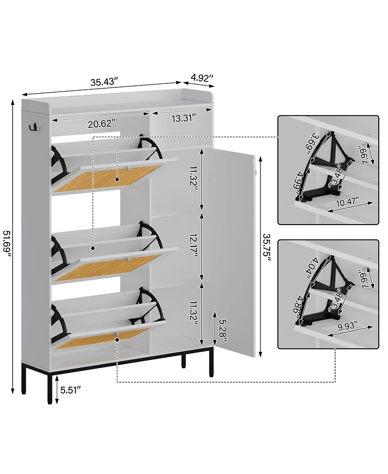 Shoe Cabinet with 3 Flip Drawers, Rattan Freestanding Organizer Adjustable Shelves,for Entryway Hallway, Easy Assembly