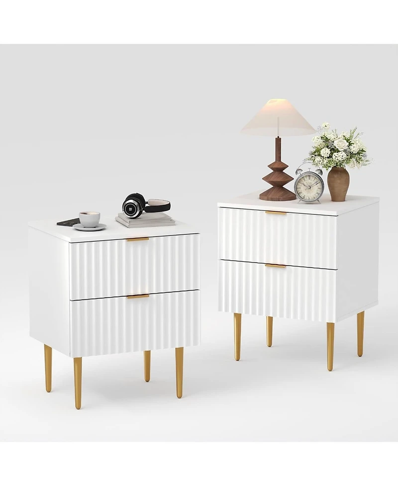 gaomon 2pcs Modern Nightstand with 2 Drawers, Golden and Wood Fluted Night Stand with Charging Station, Bedside Table with Usb Ports and Outlets.