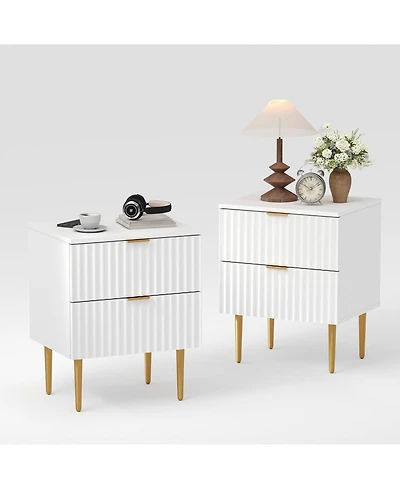gaomon 2pcs Modern Nightstand with 2 Drawers, Golden and Wood Fluted Night Stand with Charging Station, Bedside Table with Usb Ports and Outlets.