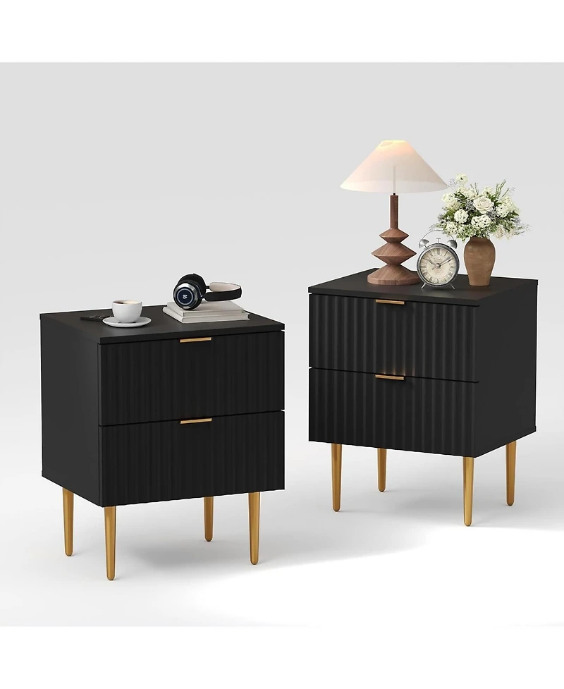 gaomon 2pcs Modern Nightstand with 2 Drawers, Golden and Wood Fluted Night Stand Charging Station, Bedside Table Usb Ports Outlets.